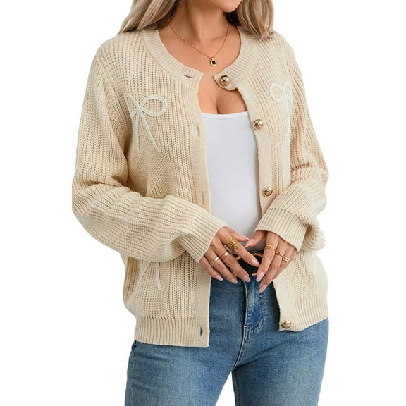 Fall Sweaters For Women Sevevn Women's Bow Cardigan Button Down Crew Neck Long Sleeve Drop Shoulder Knit Sweater