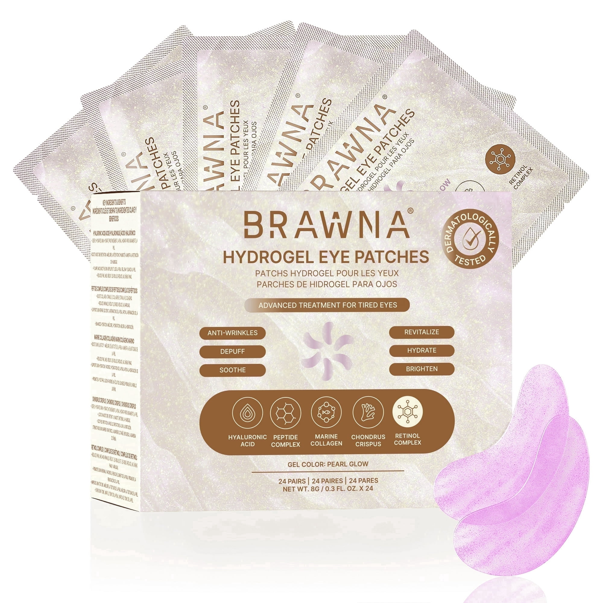 BRAWNA Hydrogel Under Eye Mask Patch with Retinol, Collagen, Peptides, Hyaluronic Acid - For Puffy Eyes, Dark Circles, Undereye Bags - Vegan Cruelty-Free Skincare Birthday Gifts for Women - 24 Pairs