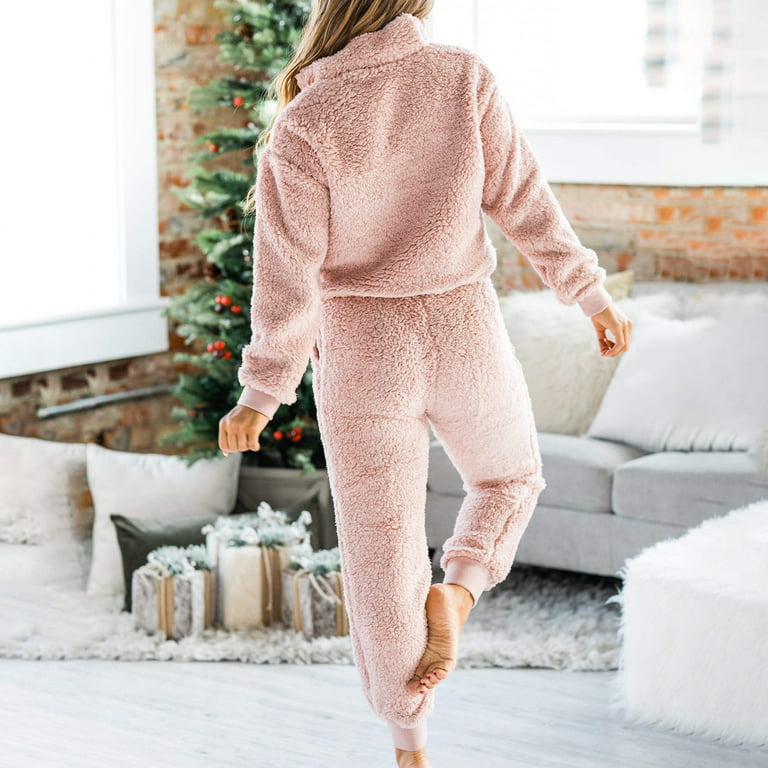 RQYYD Women's 2 Piece Plush Fleece Pajama Set,Long Sleeve Tops Pants Zipper  Sweatsuit Set Warm Loungewear Sleepwear on Clearance (Pink,XXL)
