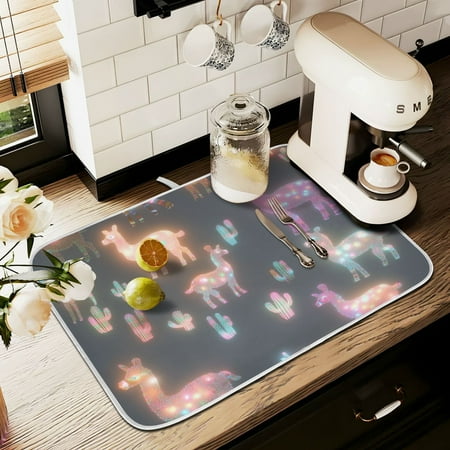 

Yayeee Drying Mat for Kitchen Counter Dishes Microfiber Coffee Decorative Pad Neon Llamas Pattern