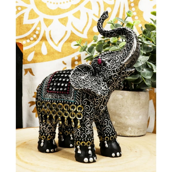 Feng Shui Scroll Art With Tapestry Pattern Trunk Up Trumpeting Elephant Statue