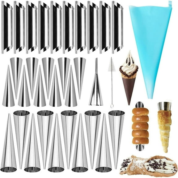 33pcs Stainless Steel Cream Horn Molds Set - Durable Metal Pastry Cone Shaping Tubes With Cleaning Brush For Baking Croissants, Ice Cream Cones, Puff Pastry