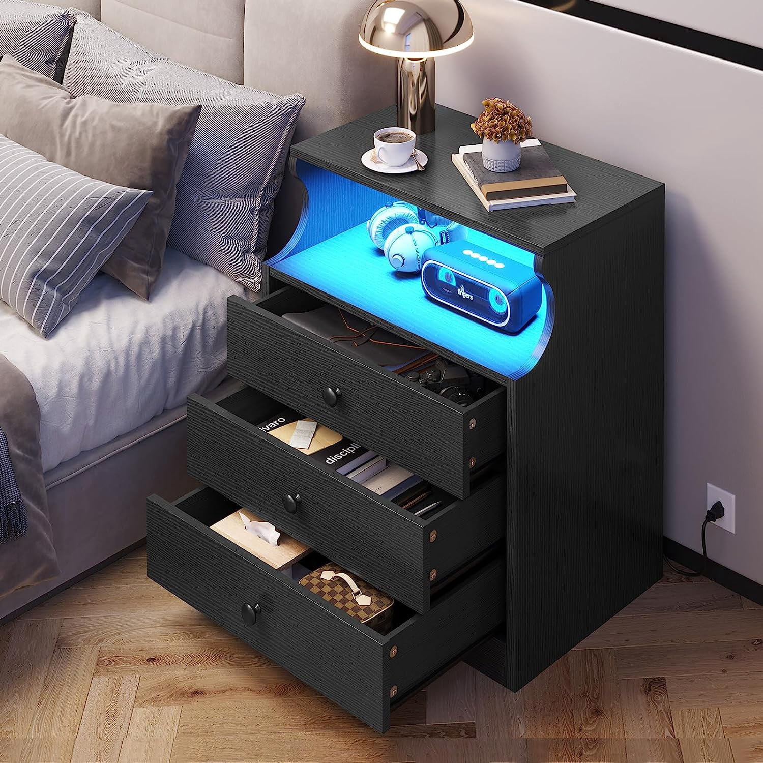 ADORNEVE Nightstand with LED Light and Charging Station, Bedside Table