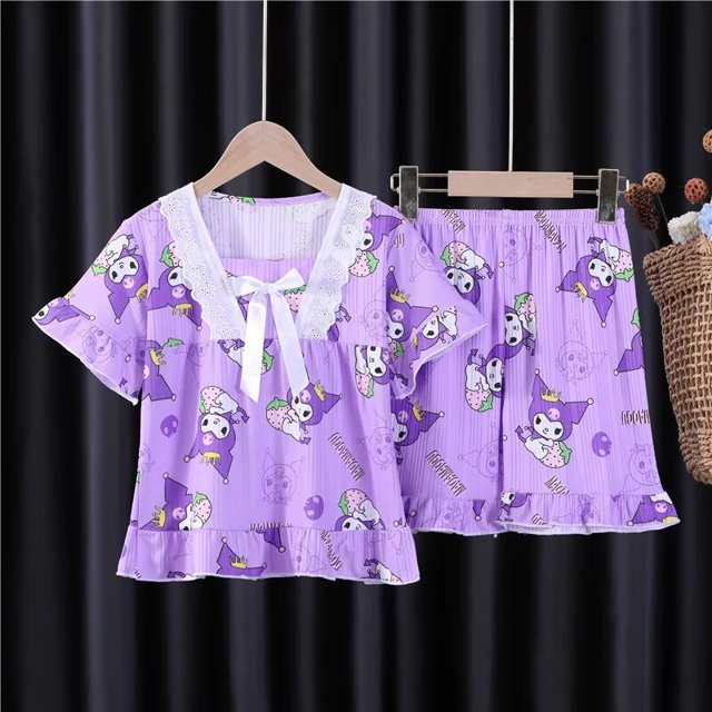 Conjunto de pijama de manga corta con lazo para niños, ropa de casa de dibujos animados, My Melody, Cinnamoroll, serie Sanrios, verano, dos piezas, regalos