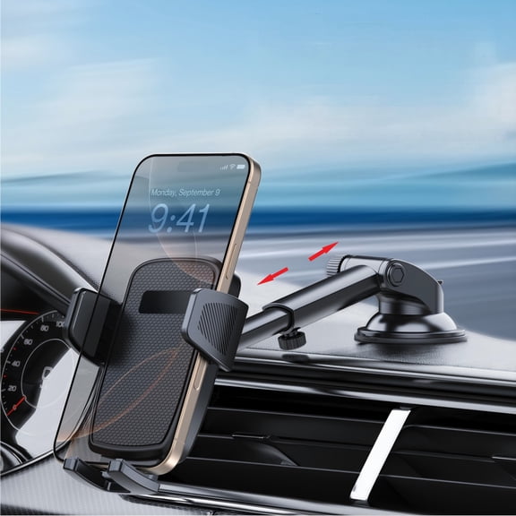Behome Car Phone Holder, Car Mount Phone Holder with Strongest Suction & Rotatable & Adjustable Length, for Center Console, Windshield, All Smartphones, Black