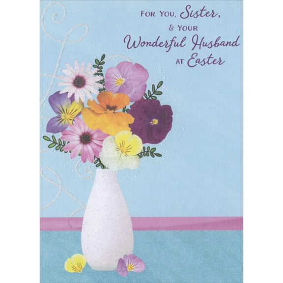 Designer Greetings Colorful Flowers in Sparkling White Vase and Giltter Swirls Easter Card for Sister and Husband