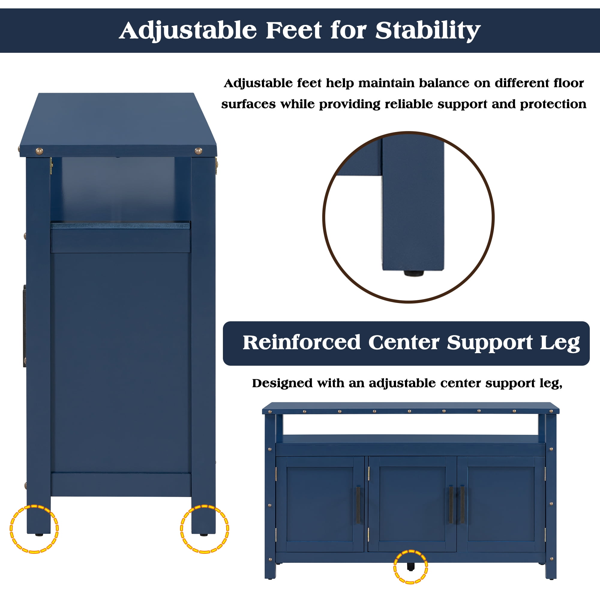 Euroco Sideboard Buffet Cabinet with 3 Doors, 55" Storage Cabinet with Metal Handles and Metal Rivets Design,Coffee Bar for Kitchen Living Room,Entryway,Navy Blue