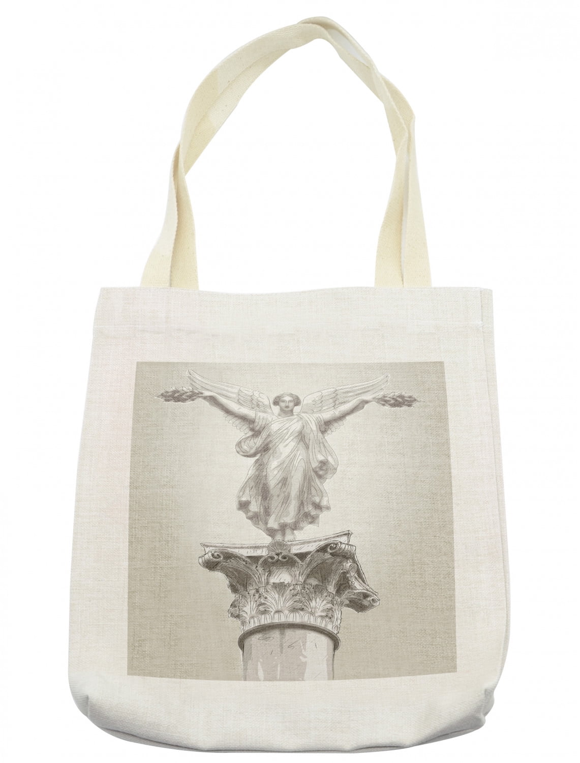 Retro Tote Bag, Angel Greek Muse on Neoclassic Pillars Relic Print Antique  Neutral Toned Graphic Print, Cloth Linen Reusable Bag for Shopping Books