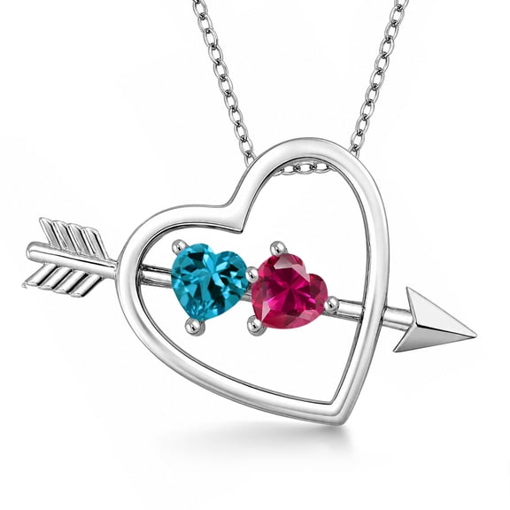 Gem Stone King 925 Sterling Silver London Blue Topaz and Red Created Ruby Heart and Arrow Pendant Necklace for Women (1.15 Cttw, with 18 inch Silver Chain)