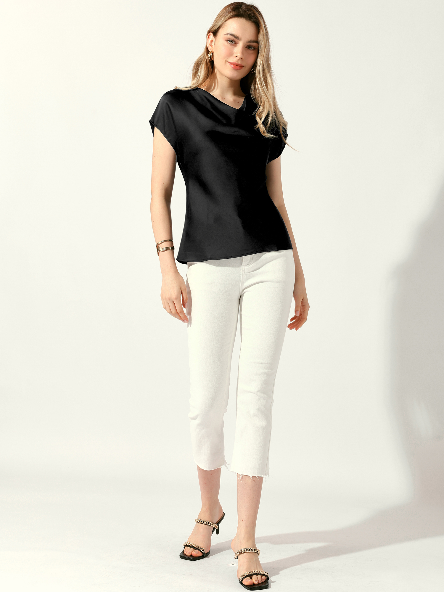 DARING DIVA Women's Satin Cowl Neck Short Sleeve Casual Blouses S Black