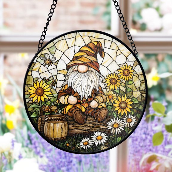 Gnome Stained Glass Suncatcher, Sunflower Garden Window Art, Rustic Cottage Decor, Mother's Day Gift, Whimsical Home Accent
