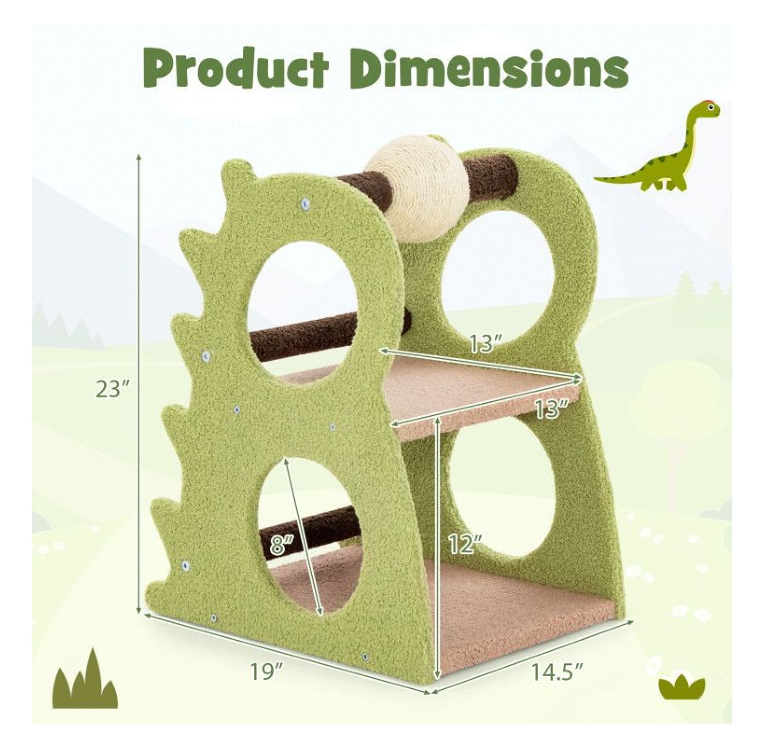 Cat Tree 2-Tier Dinosaur Design with Scratching Ball - Indoor Kitten Activity Center
