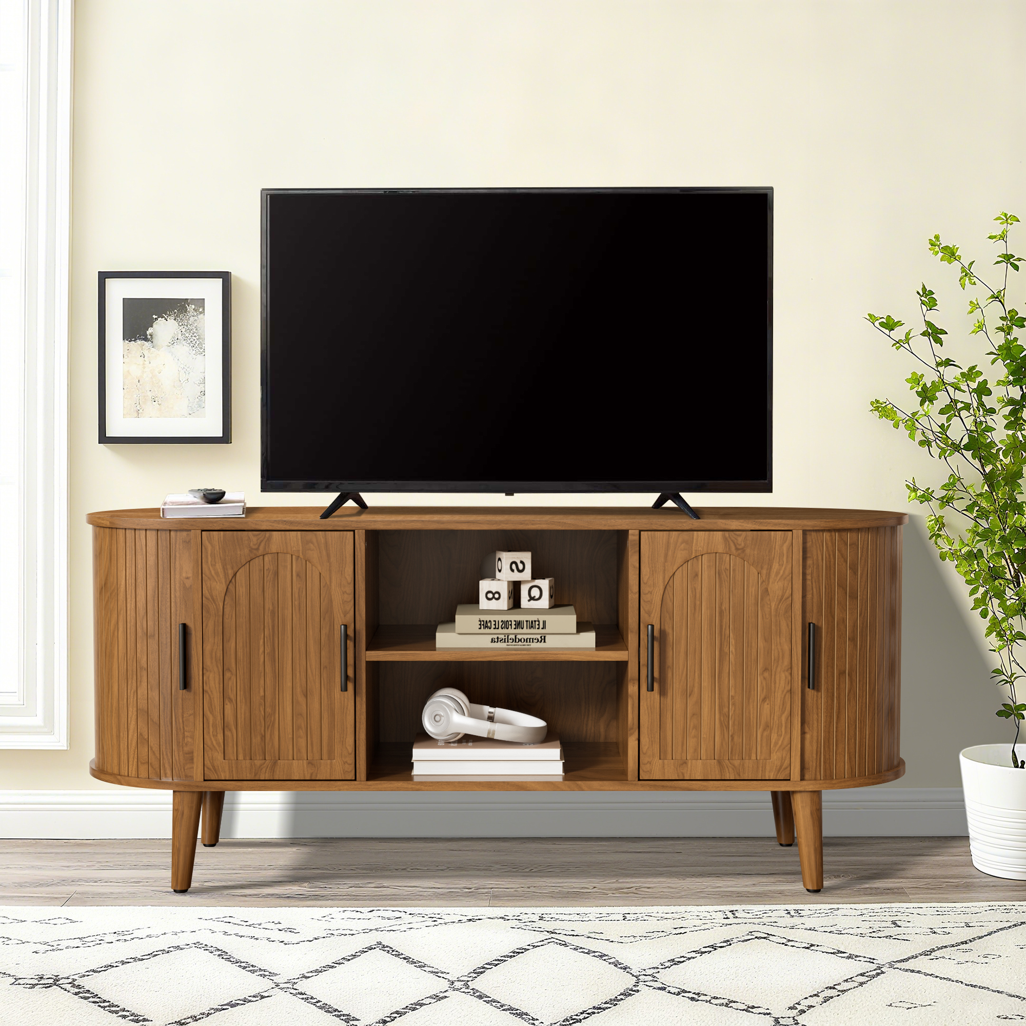 51" TV Stand for Tvs up to 60", Mid Century Modern Fluted Entertainment Center with Fluted Doors, Media Console for Living Room Bedroom, Walnut