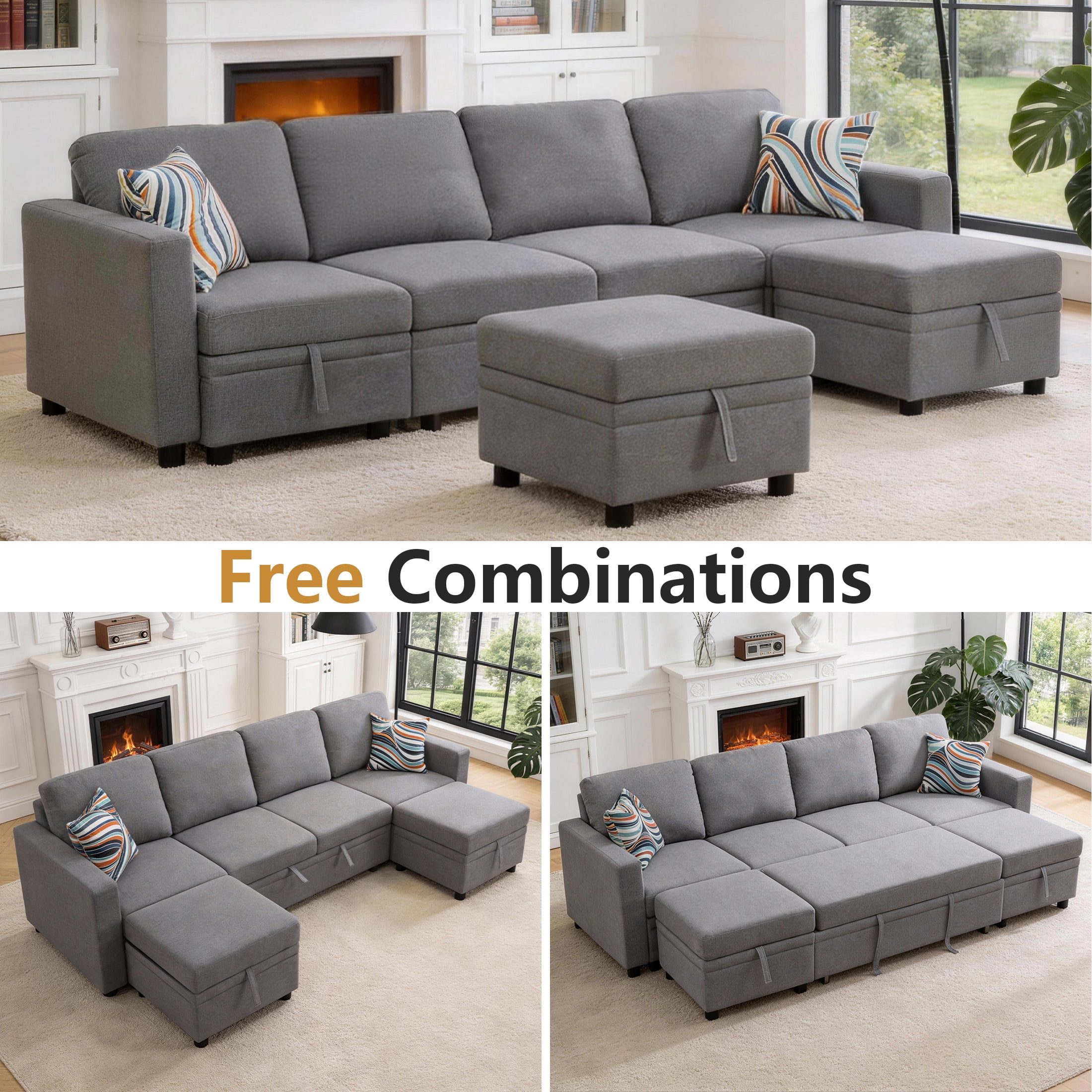 AENKYO 102'' U-Shaped Sectional Sofa Bed, Linen Pull Out Sleeper Couch with Storage Seats for Living Room，Gray