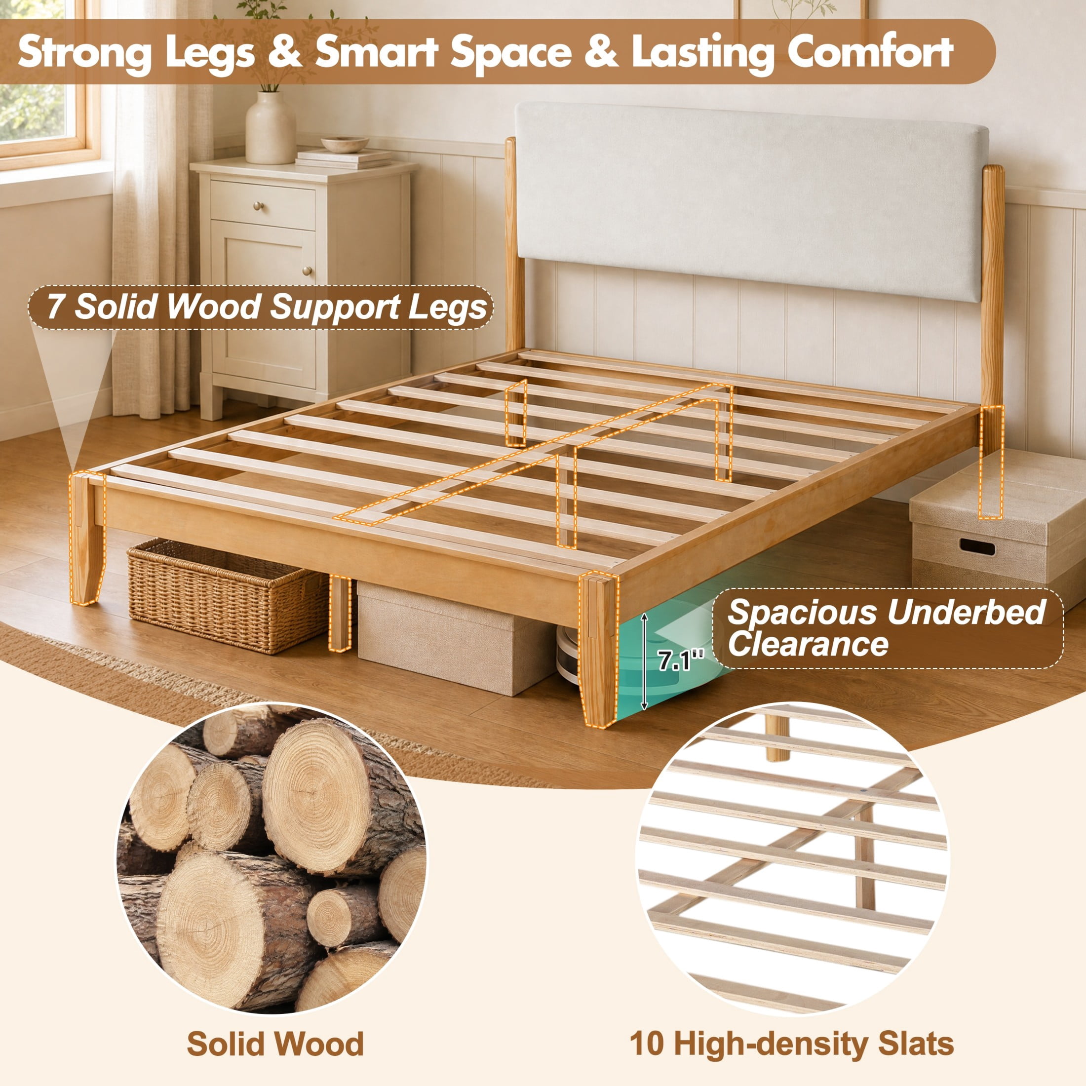 Christopher Knight Home Queen Solid Wood Platform Bed Frame with Velvet Upholstered Headboard, Oak