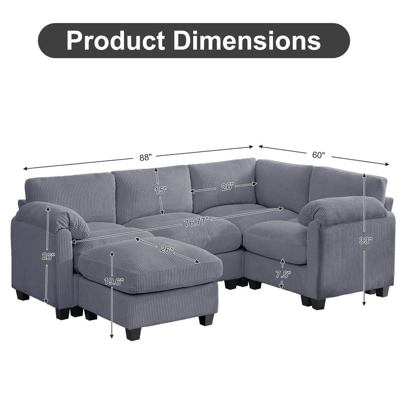 RIAFUN Modular Sectional Sofa, L Shaped Corduroy Sofa Couch, Modular Sectionals with Ottomans, 5 Seat Sofa Couch with Chaise for Living Room Bedroom, Dark Gray