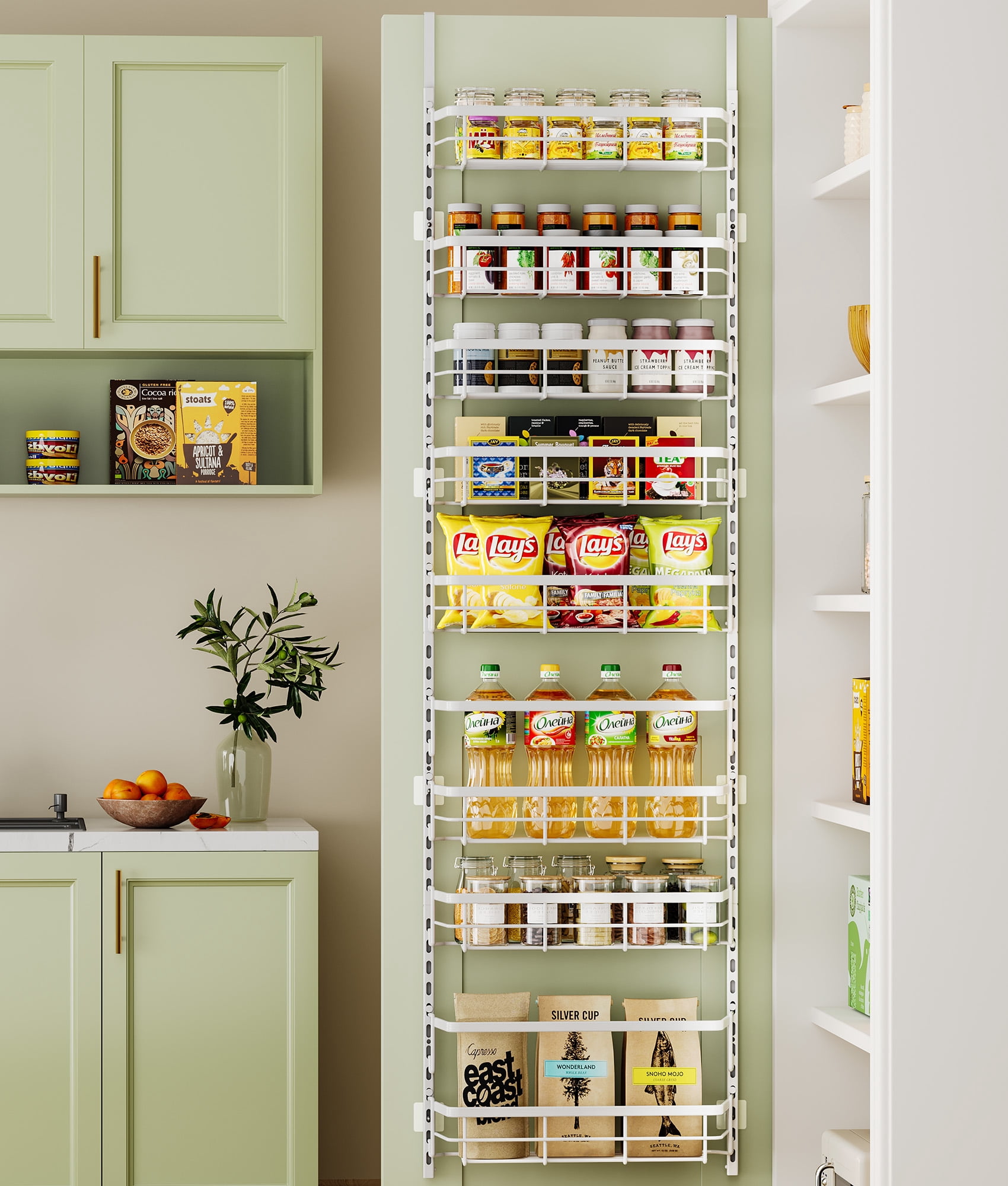 8-Tier Adjustable Over the Door Pantry Organizer with 2 Sets Hooks Fits Most Doors, Hanging Spice Rack for Pantry Door Organizer And Storage, White