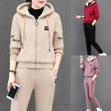 

Yinreli 2 Pcs/ Set Pants Suit Hooded Plush Drawstring All Match Coat Suit for Daily Wear