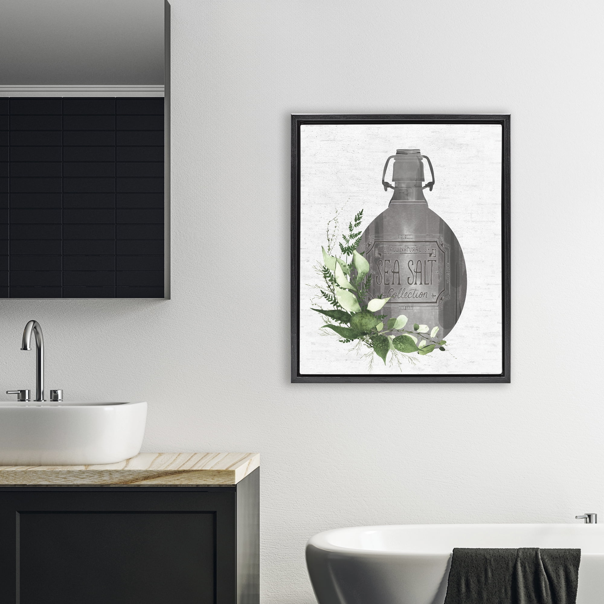 Vintage Bottle with Bathroom Herbs Black Framed Floater Canvas Wall Art, design by Lettered and Lined