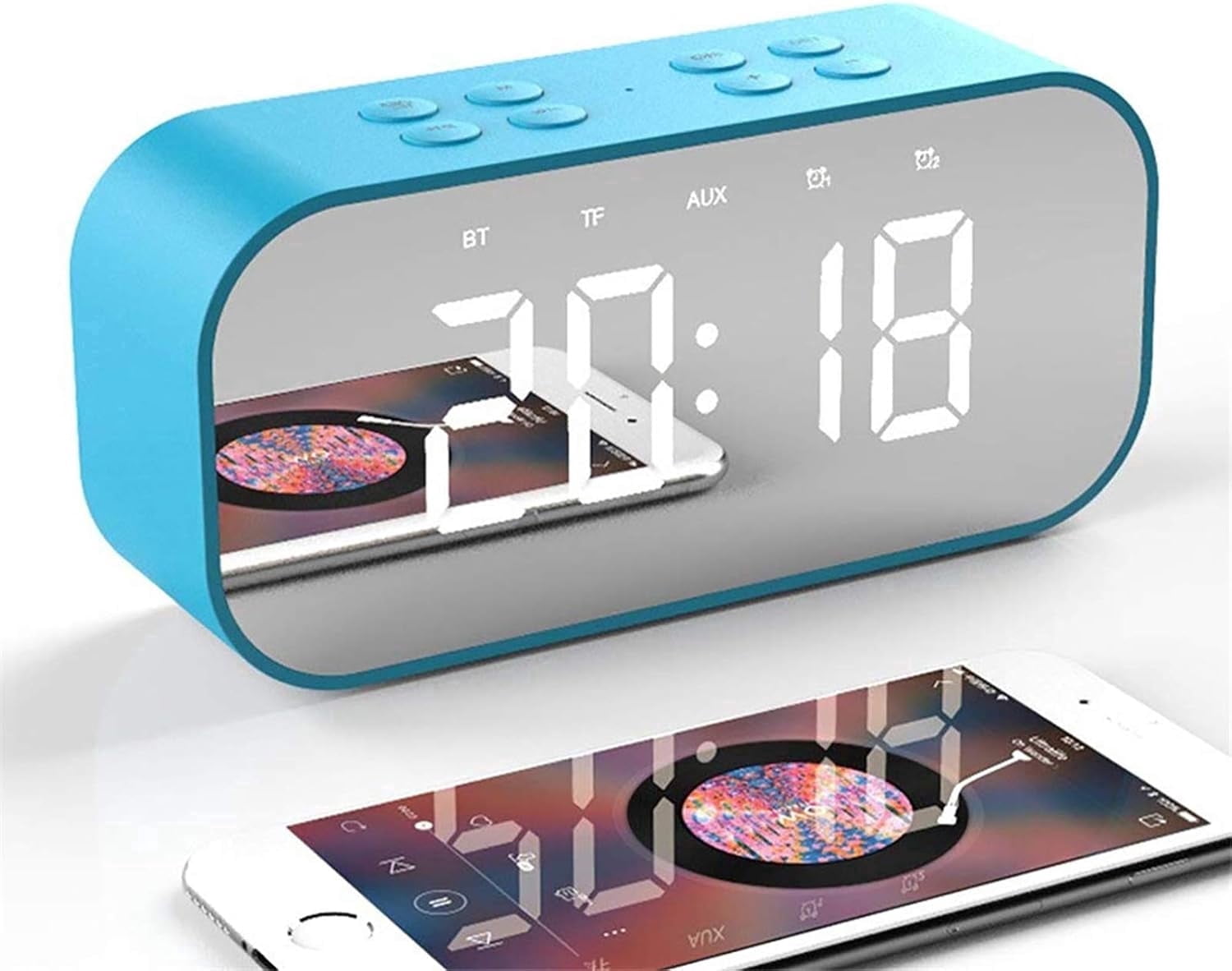 Alarm Clock with Bluetooth Speaker, Alarm Clock for Bedroom/Office, LED Digital Alarm Clock, Large Display Easy to Read Across,Makeup Mirror Multi-Function Desk Clock for Heavy Sleepers Adults(Blue)