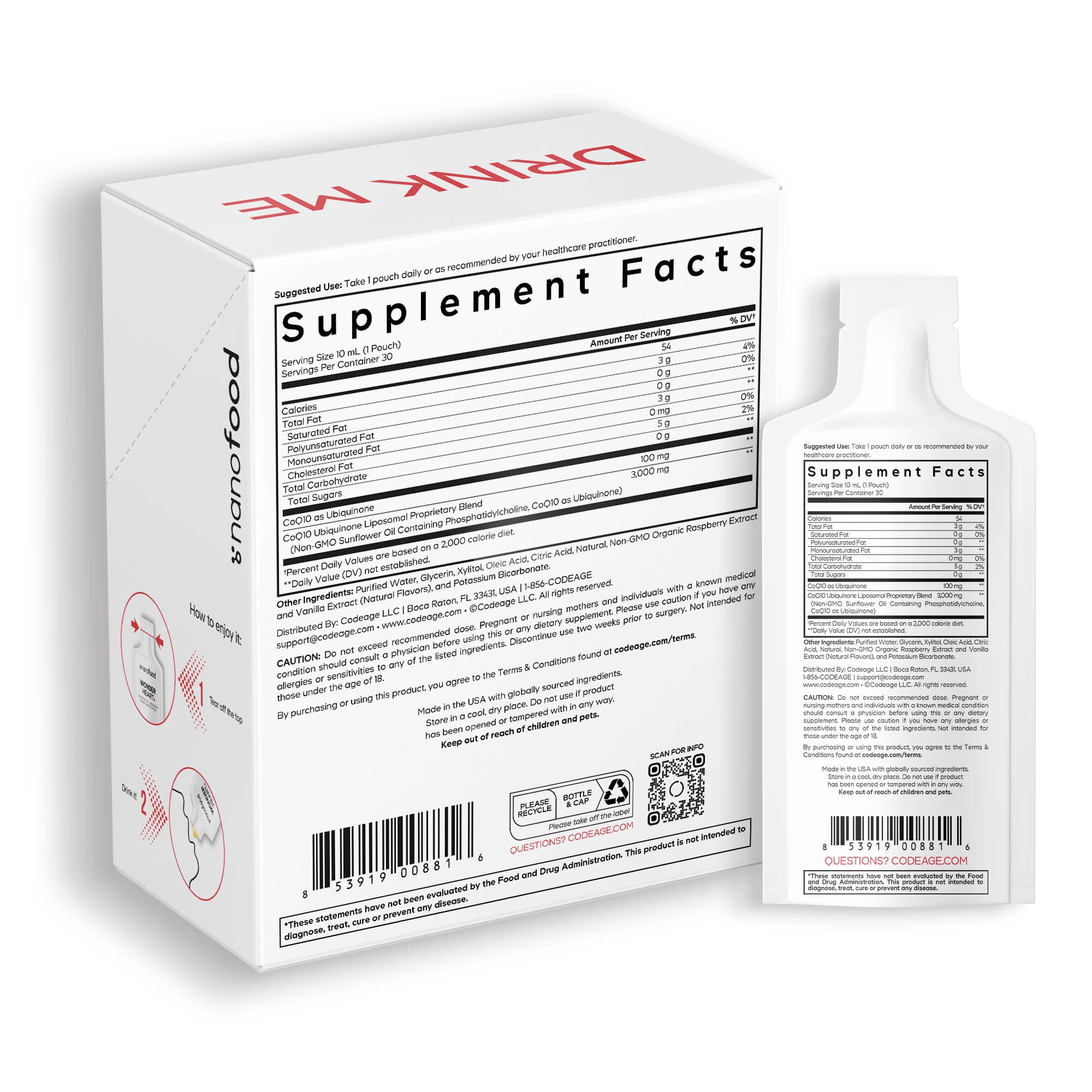 Codeage Nanofood Wonder Heart Liquid CoQ10 Liposomal Ubiquinone Supplement, Phosphatidylcholine, 30 Pouches