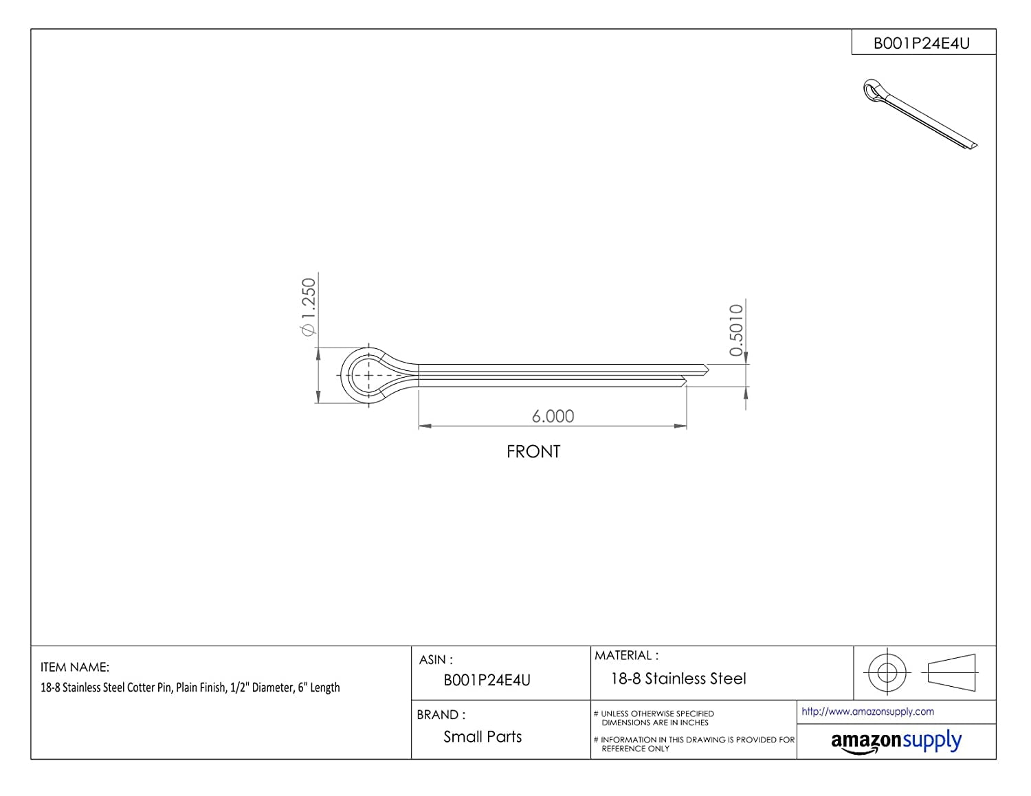 Pack of 25 18-8 Stainless Steel Cotter Pin 1/4 Diameter 1 Length Plain Finish 