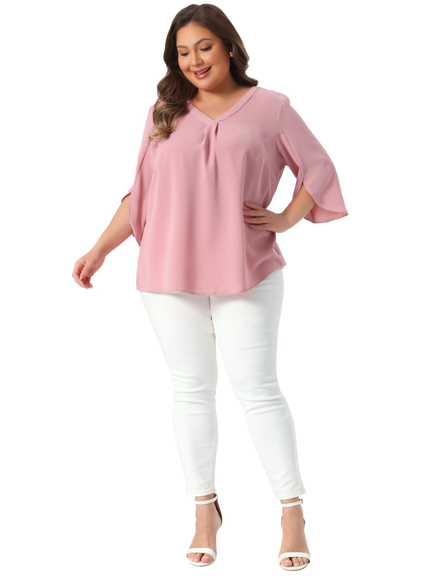 DARING DIVA Women's Plus Spring Tops V Neck Chiffon Work Dressy Casual Shirt 1X Pink
