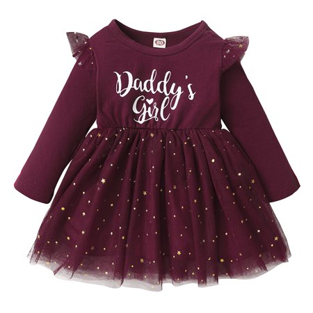 

Newborn Baby Girl Valentines Day Dress KZKR Long Sleeve Ruffle Daddy s Girl Letters Stars Mesh Dress Infant Princess Dress