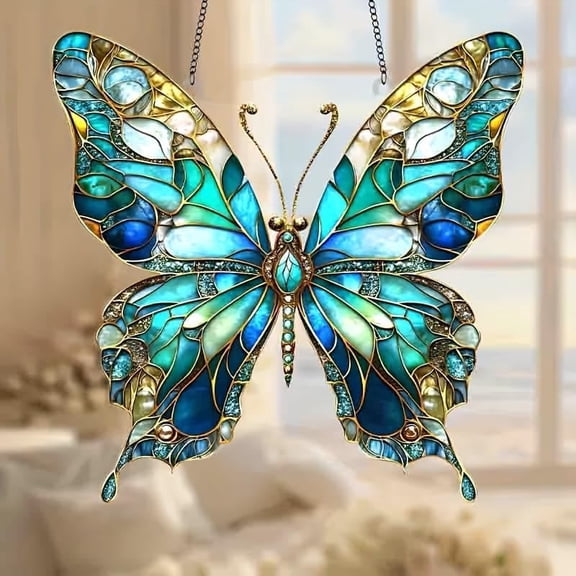 Handmade Colored Acrylic Butterfly Sun Catcher - Vibrant Blue & Green Wing Design - Hanging Window Ornament - Unique Handmade Gift for Best Friends, Housewarming, Christmas, and Holiday Decor(RL)