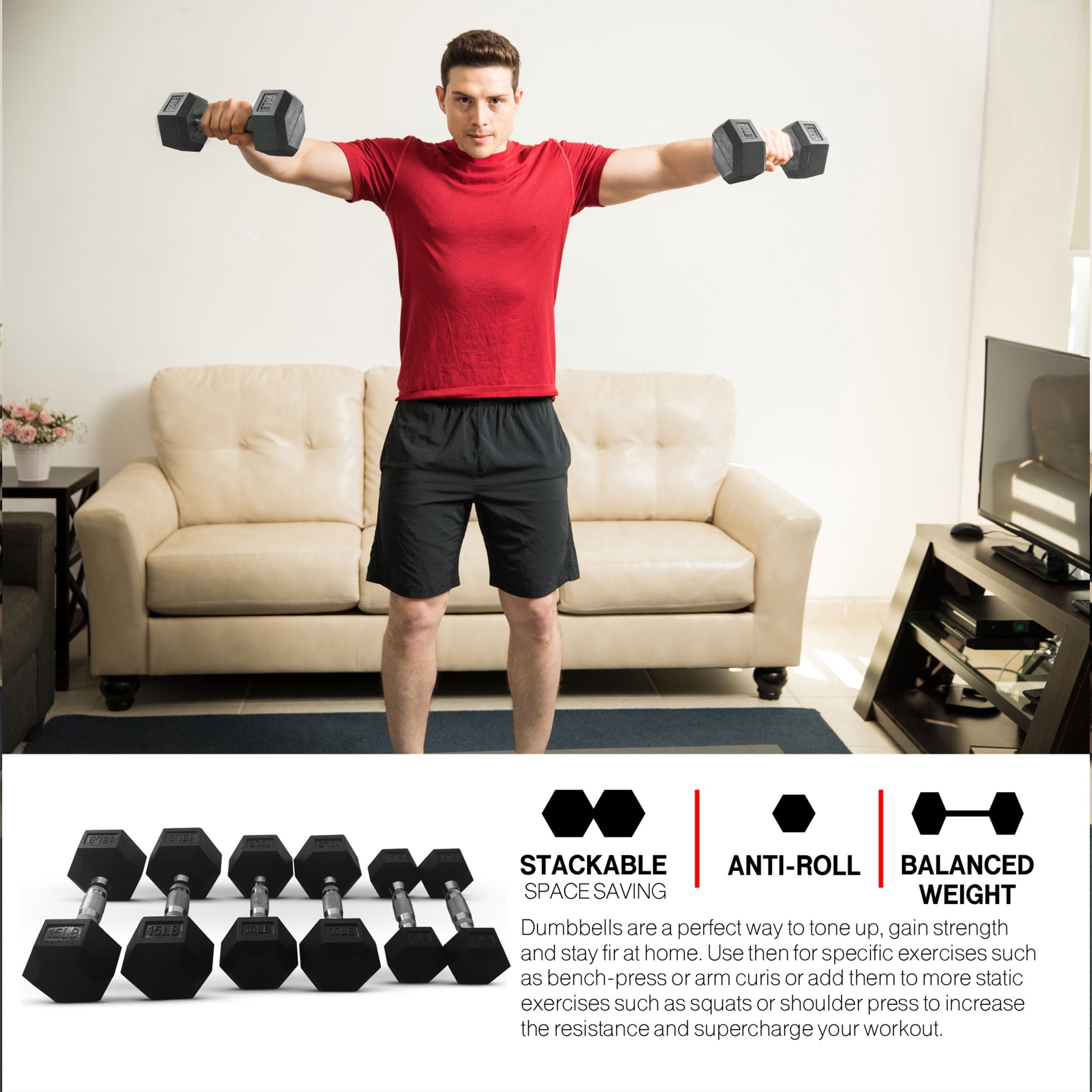 HolaHatha 10, 15, 25, 30, & 35 Pound Hexagonal Dumbbell Weight Set w/Rack