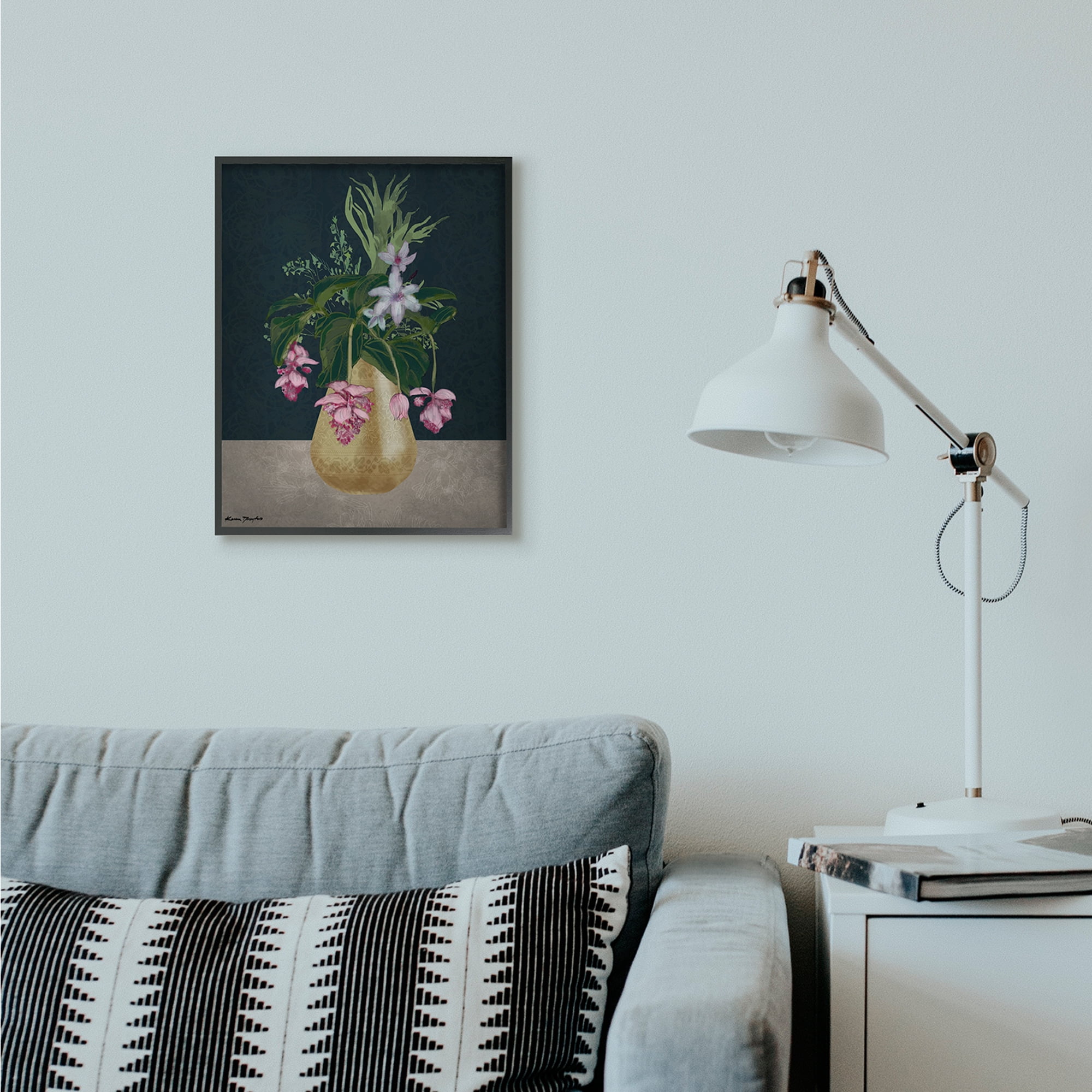 Stupell Industries Gold Vase Pink Flower Drawing Framed Wall Art by Karen Dreyfus, 16" x 20", Black Framed