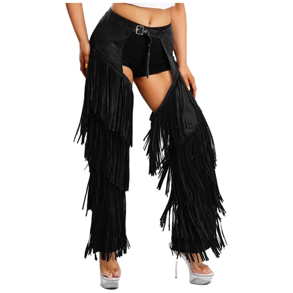 SiiRoh Mens Western Cowboy Chaps Pant Vintage Gothic Fringe Pants Adjustable Buckles Motorcycle Biker Trousers Black L