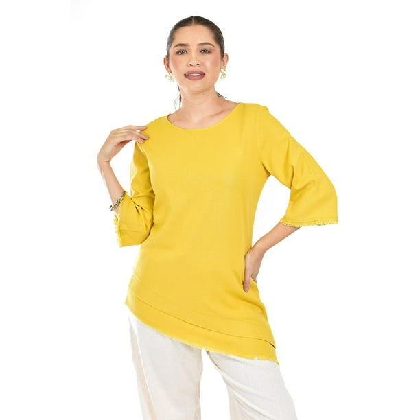 Blusa de lino corte asimetrico Roman Fashion /Juvenil, 0340 (Mostaza) amarillo G