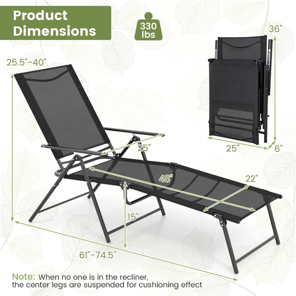 Aimee Lii 2 Piece Patio Folding Chaise Lounge Chairs Recliner with 6-Level Backrest, Patio Loungers, Black