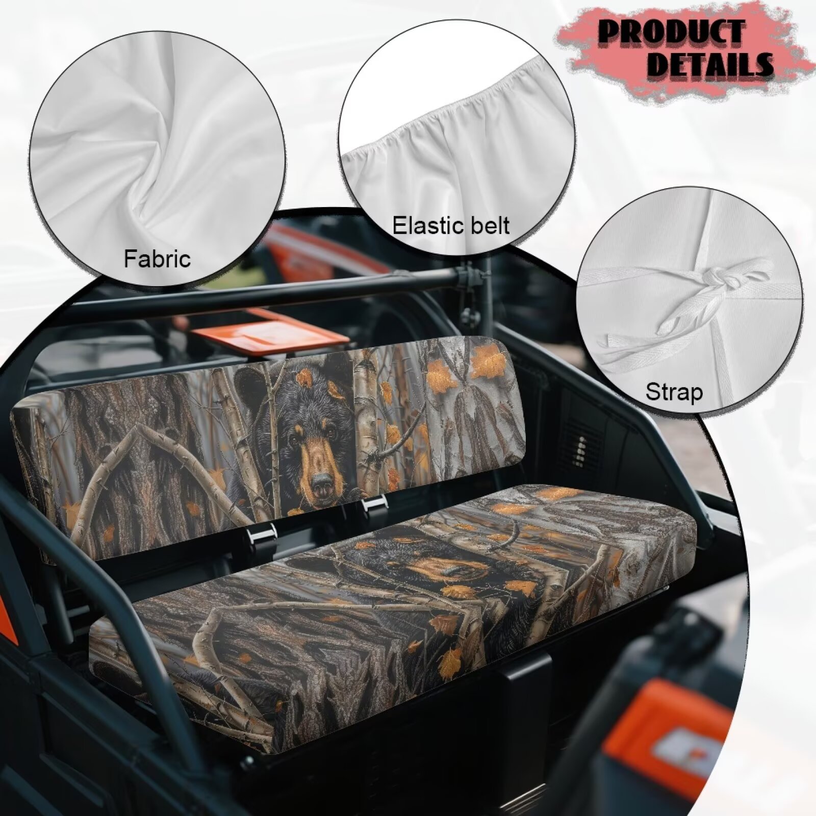 Yuyamidu Bear UTV Seat Cover Camo Hunting Mule Bench Seat Cover All-Season Protection UTV Seat Accessories Anti Slip Compatible with Kawasaki Mule 3010