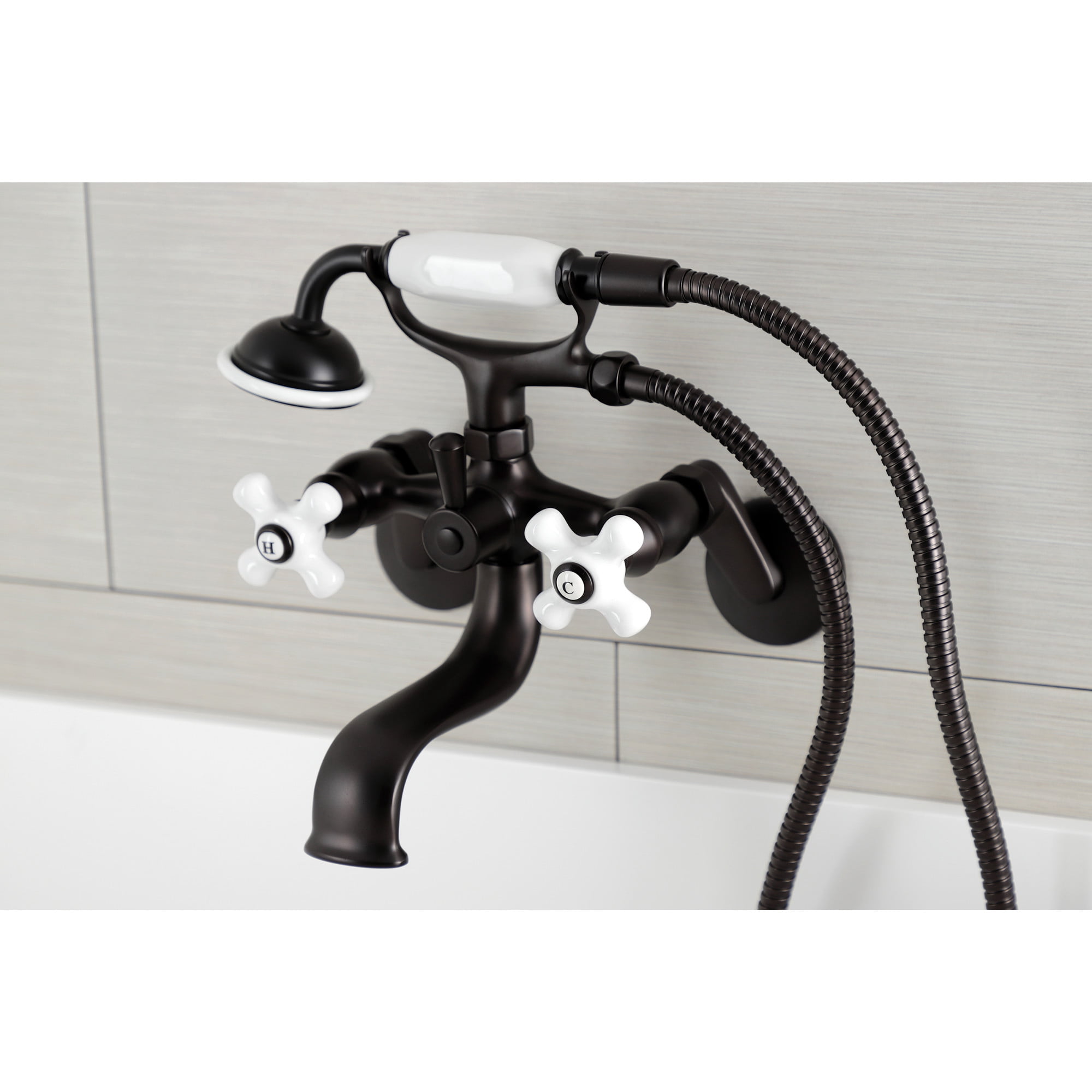 Kingston Brass KS266PXORB Kingston Three-Handle 2-Hole Wall Mount Clawfoot Tub Faucet with Hand Shower in Oil Rubbed Bronze