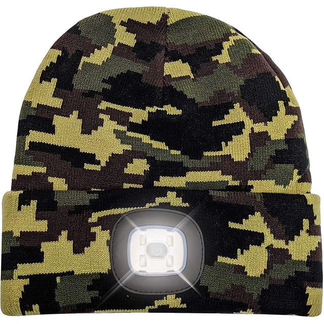 Gorro de punto ligero y cálido con gorro para seguridad en invierno, gorro con luz LED unisex adecuado para la mayoría de los hombres, mujeres y niños Camuflaje verde Sincero Hogar