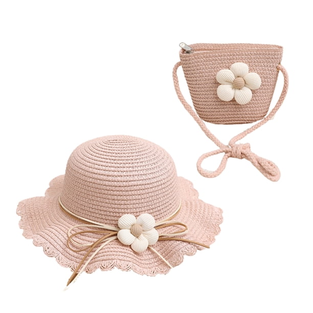 Sombrero de paja con flores y conjunto de bolsa de paja para mujer, de tela transpirable, con circunferencia de 56 a 58 cm, para verano y playa