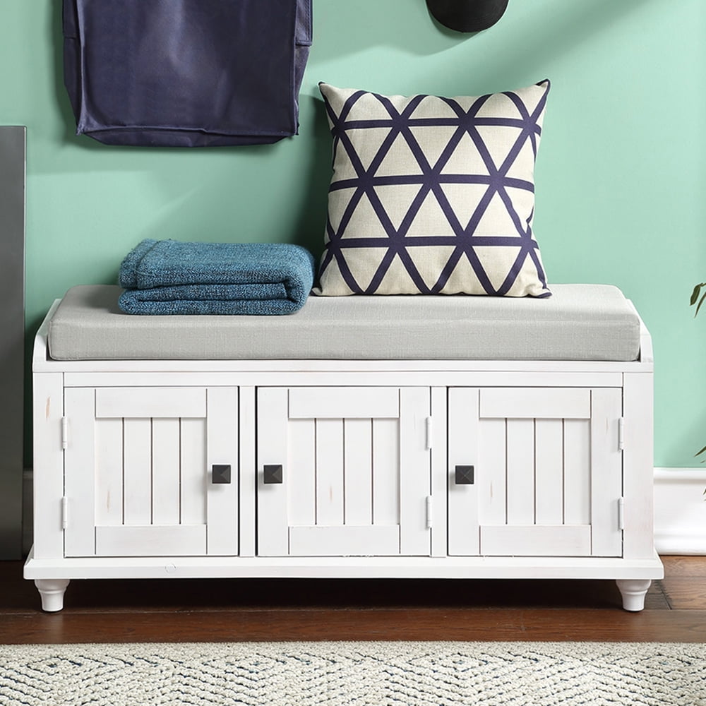 Lowestbest Rustic Shoe Bench, Wood Storage Bench with 2 Cabinets, Removable Cushion for Living Room, Entryway (White) Lowestbest Rustic Shoe Bench, Wood Storage Bench with 2 Cabinets, Removable Cushion for Living Room, Entryway (White)