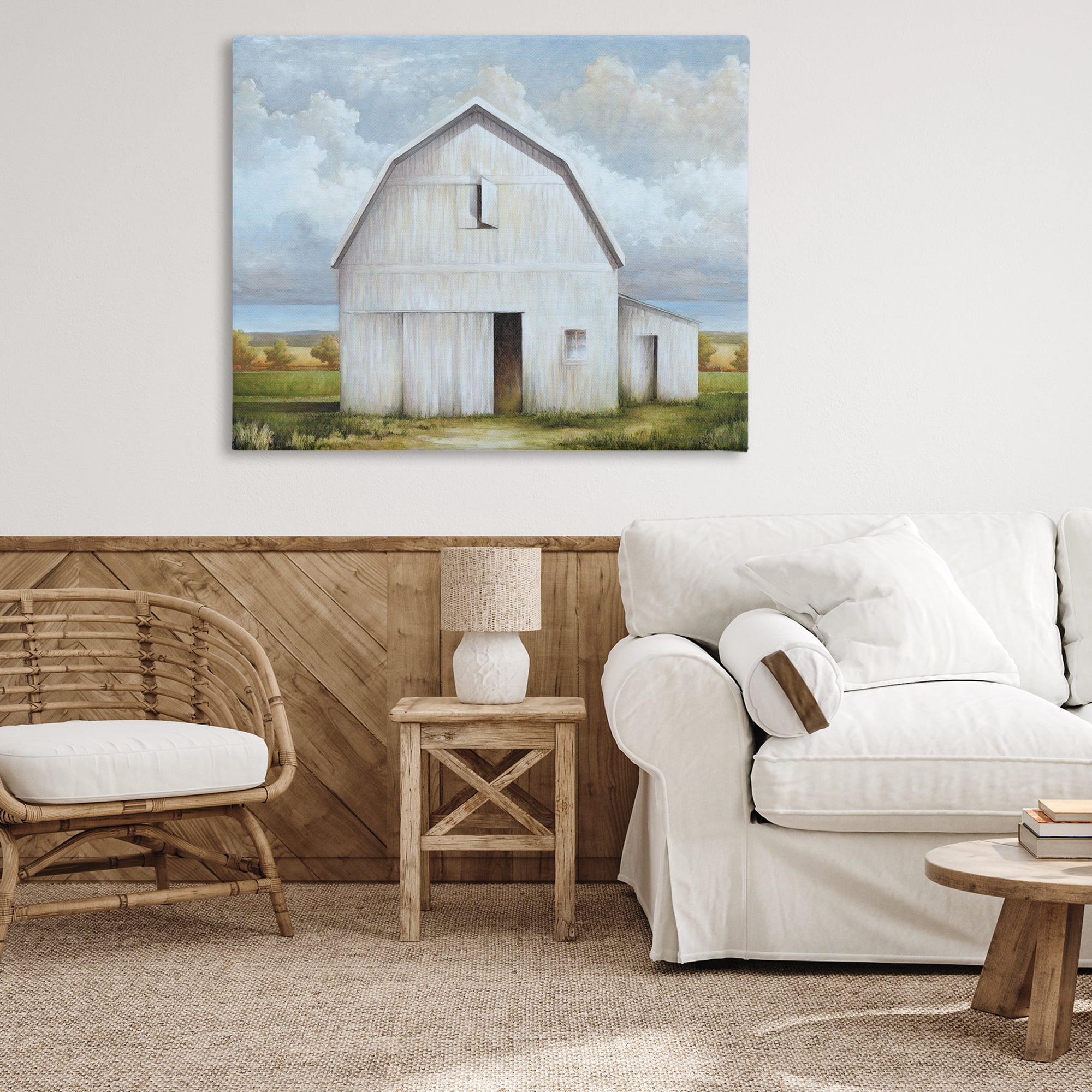 Stupell Industries White Barn with Clouds Landscape Painting Gallery Wrapped Canvas Art Print Wall Art, 48 x 36