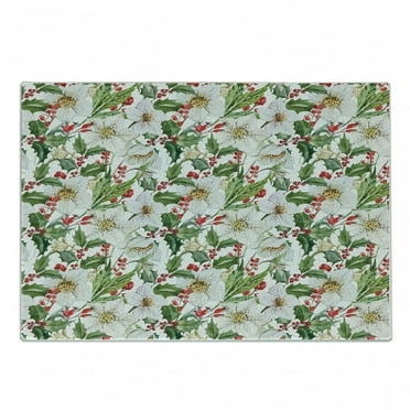 Watercolor Cutting Board, Christmas Themed Floral Poinsettia Berries Winter Inspirations Leaf, Decorative Tempered Glass Cutting and Serving Board, Small Size, Vermilion Yellow Green, by Ambesonne