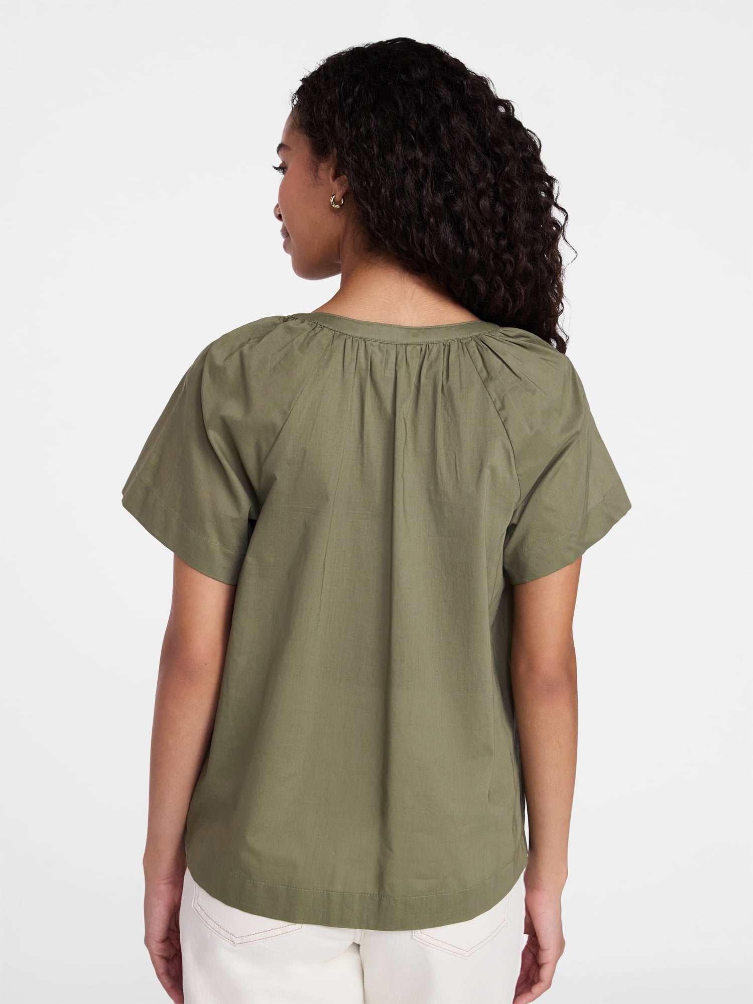 Time and Tru Women's Cotton Button Up Blouse with Short Sleeves, Sizes XS-XXXL