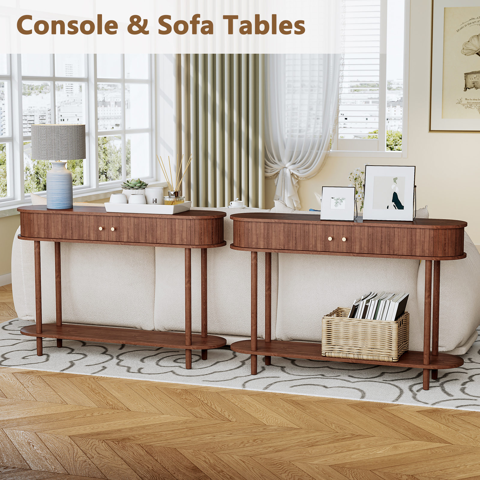 HLR Mid Century Sofa Entryway Table, Console Table with Tambour Sliding Door for Living Room Hallway, Brown