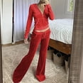 thumbnail image 2 of felwors Women's Velvet Two Piece Tracksuit - Long Sleeve Zip Up Hooded Jacket & Wide Leg Pants Set with Pockets, Y2K Loungewear for Everyday Brick Red, XS, 2 of 6