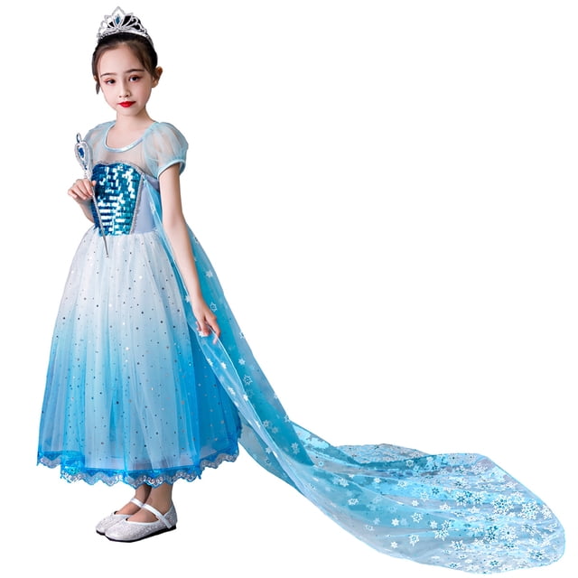 Elsa Robe pour Filles Enfants Robe de Princesse avec Cape Costume de Cosplay d'Halloween Déguisement de Fête d'Anniversaire