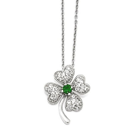 Four Leaf Clover Pendant Necklace 925 Sterling Silver Rhod Plated Gla925 Simulatedemerald Cubic Zirconia Cz 4 Leaf Clover 18 Inch Chain Necklace Pendant Charm Good Luck/italian Horn Gifts For Women For Her ()