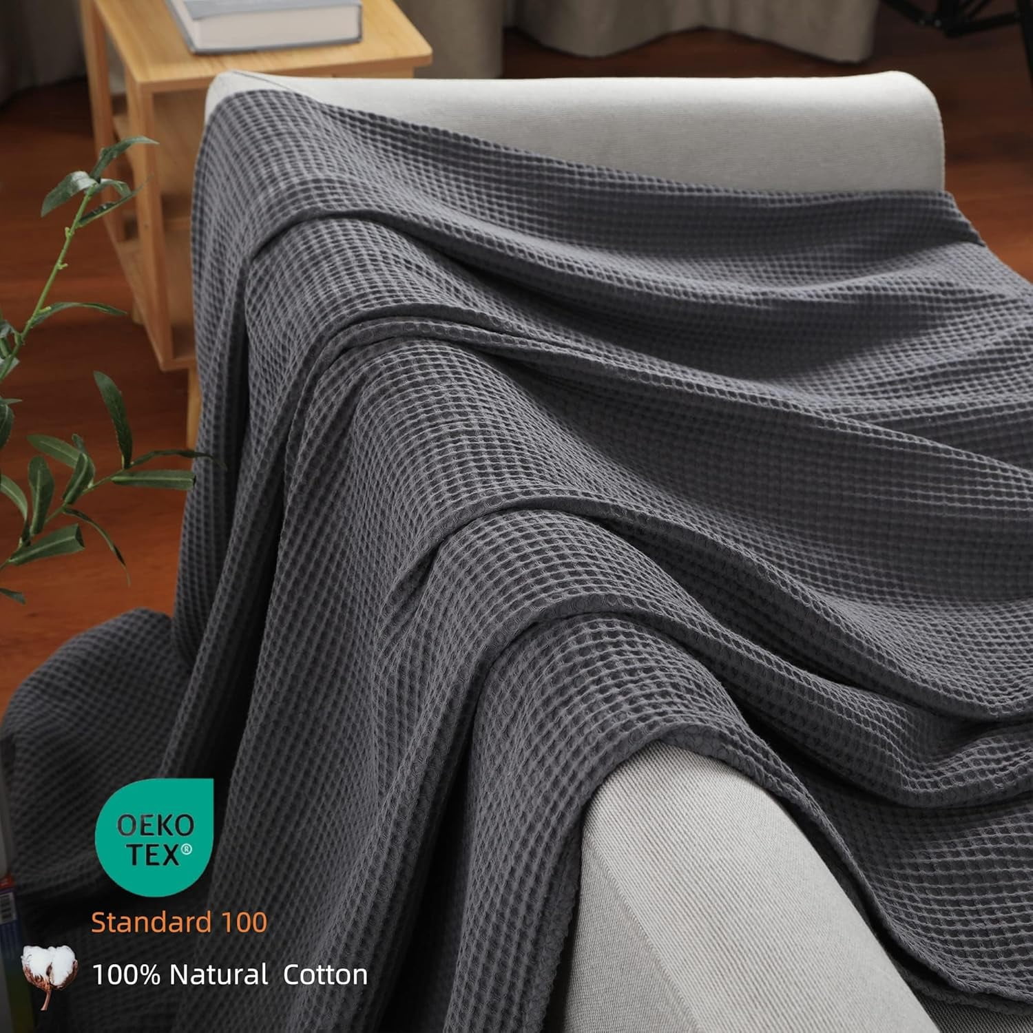 Shunjie.Home 100% Cotton Waffle Bed Blanket Twin Size, Throw Blanket for Couch All Seasons (Grey, 66x90)