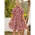 thumbnail image 3 of Women's Boho Floral Print Dress Drawstring Tie Neck Ruffle Sleeve High Waist Mini Dresses, Burgundy, Medium, 3 of 5