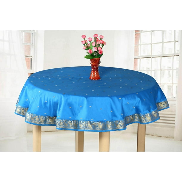 Blue Gold Handmade Sari Tablecloth (India) Round