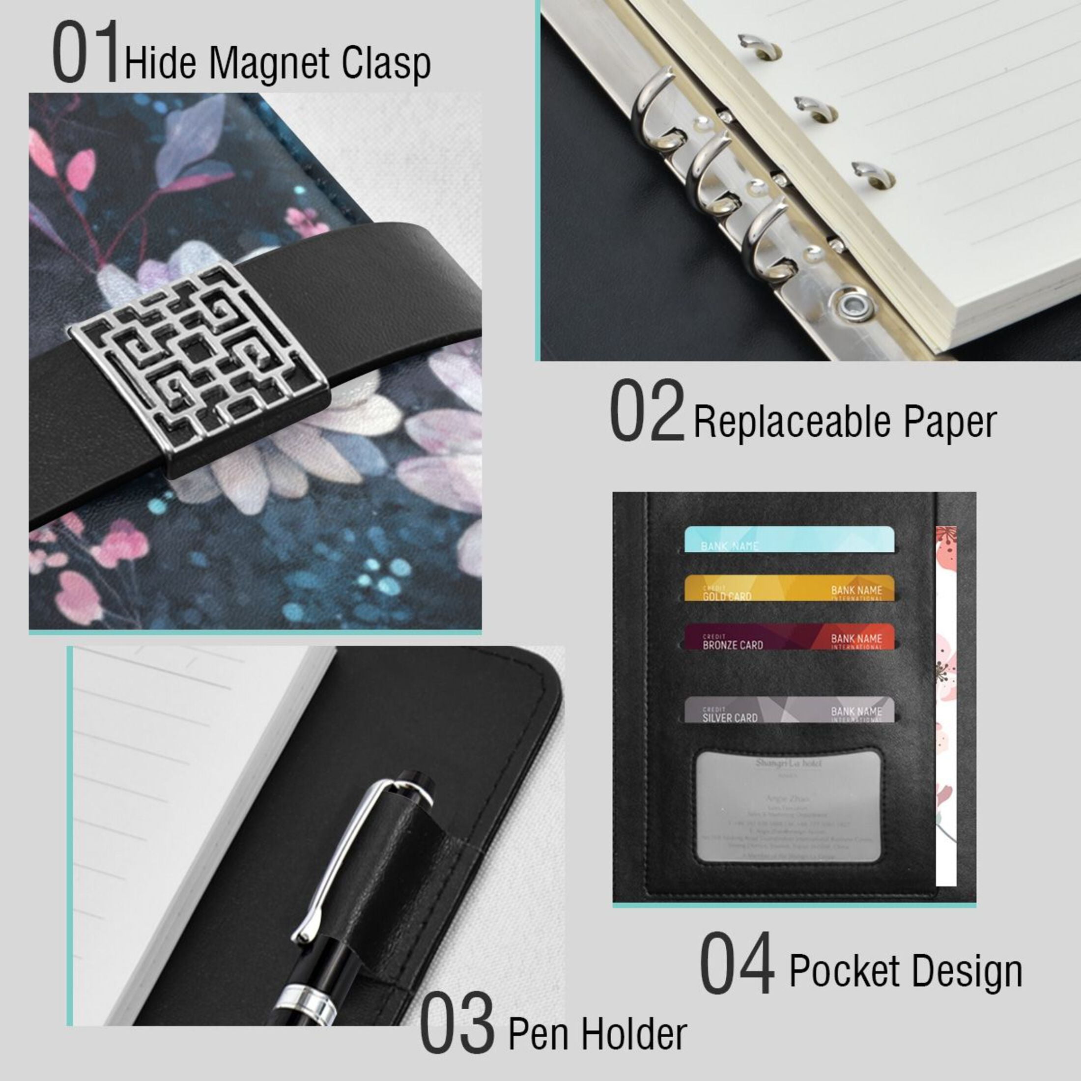 Leather Planner Leather Notebook Notebook Journal Binder Design Pen Pocket Design Convenient for Storage Purple Flowers